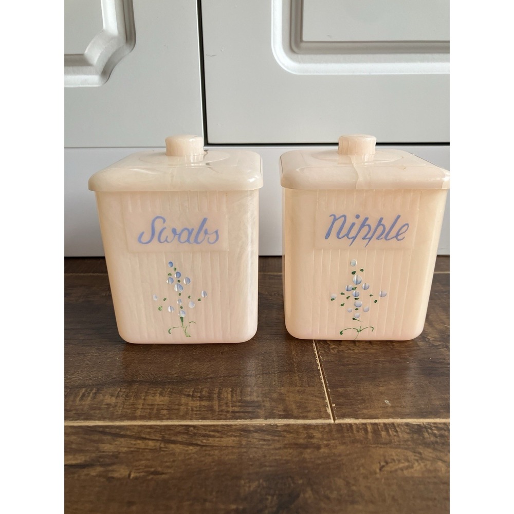 Vintage Clarolyte Co Nursery Jars Swabs & Nipple Pink Marbled Plastic Set 2